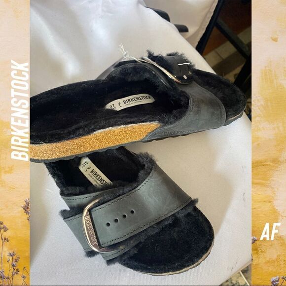 BIRKENSTOCK MADRID SHEARLING BIG BUCKLE SANDALS BLACK NEW NWT - Picture 7 of 12